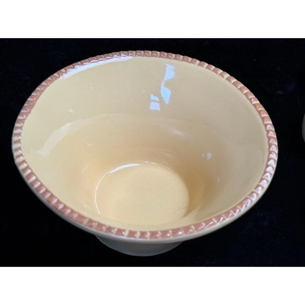 Italy Yellow Ceramic Bowl Scalloped Rim with 6 Wax Fruit Candles Set